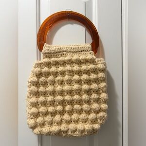 Vintage Handmade Ivory Crochet Bubble Tote with Round Rigid Amber Handles